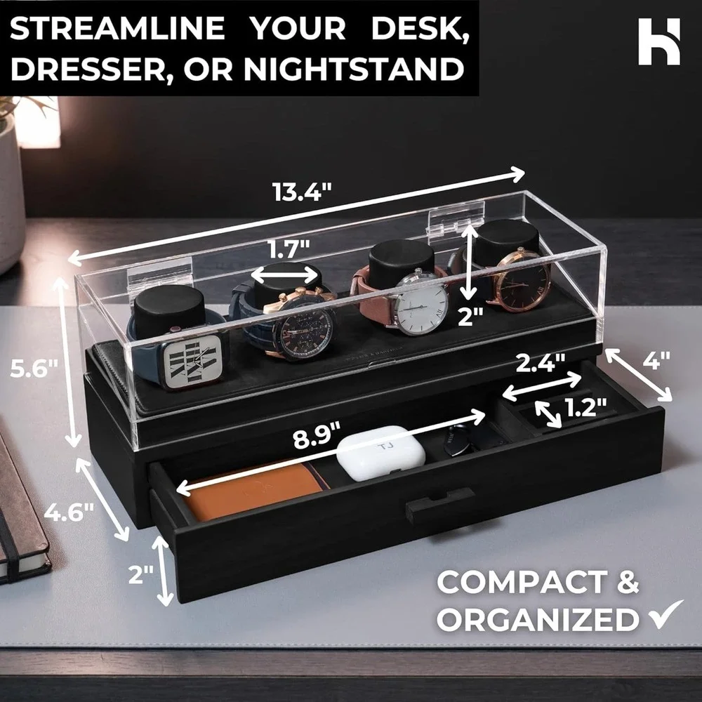 Holme & Hadfield 4 Slot Watch‎ Box Wooden Display Case Drawer Organizer Black
